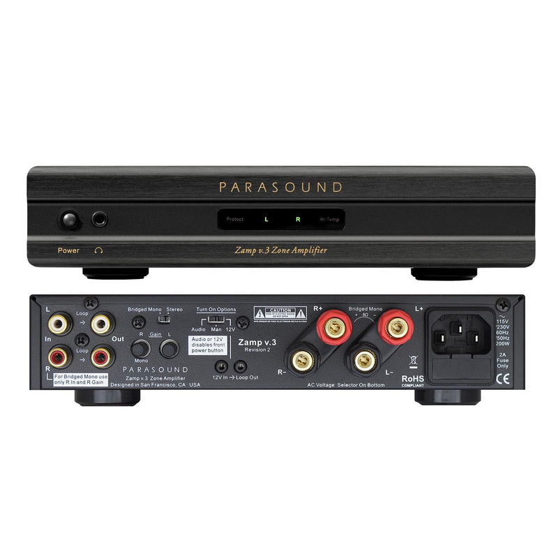 Parasound Zamp v.3 stereo power amplifier front and rear